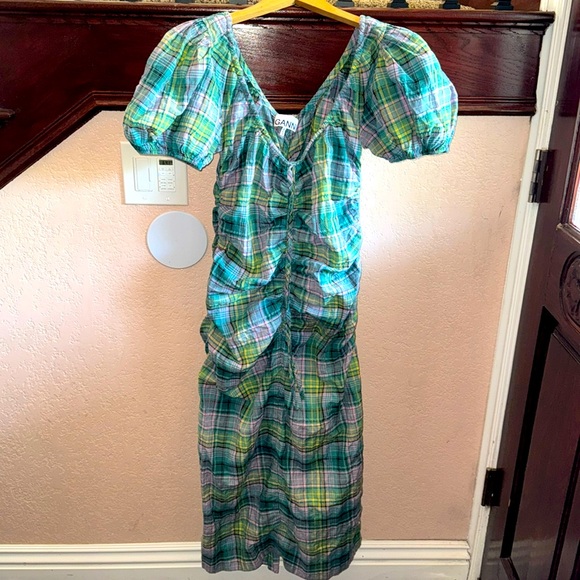 Ganni Womens Medium Ruched seersucker midi Plaid Casual Country Cottage Dress - Picture 3 of 5